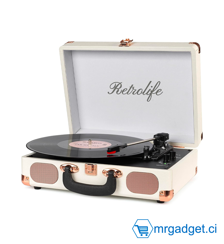 Platine Vinyle Vintage Suitcase Turntable R609 – Lecteur Bluetooth avec Port Jack Auxiliaire – Blanc Rétro