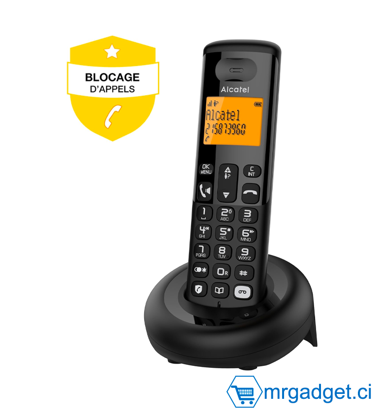 Alcatel E260 - Téléphone Fixe Sans Fil DECT avec Répondeur, Écran Rétroéclairé, Mains Libres et Blocage d'Appels, Noir