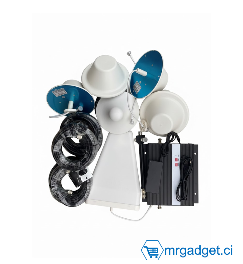 Répéteur - Amplificateur de signal GSM - Tri-Band 2G(900MHz) 4G(1800MHz) 3G(2100MHz) - Amplificateur réseau avec  5 émetteurs - Cable 15m .
