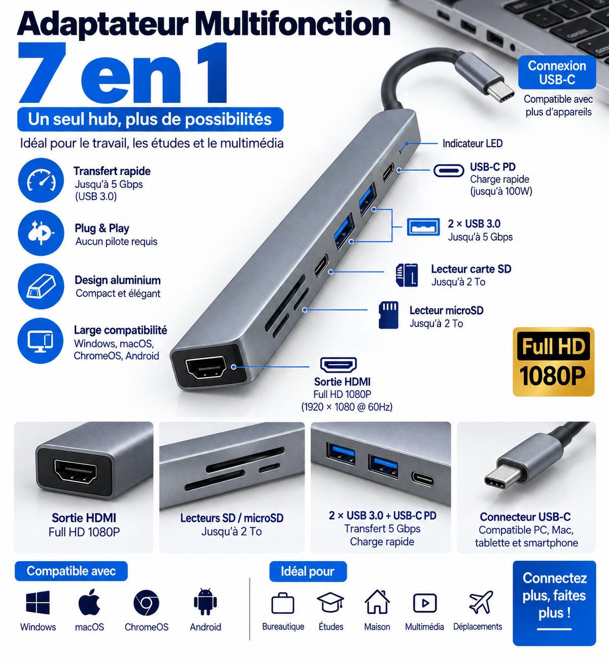 Hub USB 3.0 + USB-C 7 en 1 avec HDMI, USB 3.0, Lecteur SD MicroSD et Charge Type-C – Adaptateur Multiport PC