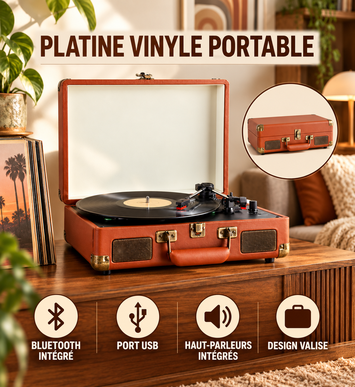 Platine Vinyle Portable Bluetooth avec Port USB et Haut-Parleurs Intégrés – Style Valise Rétro