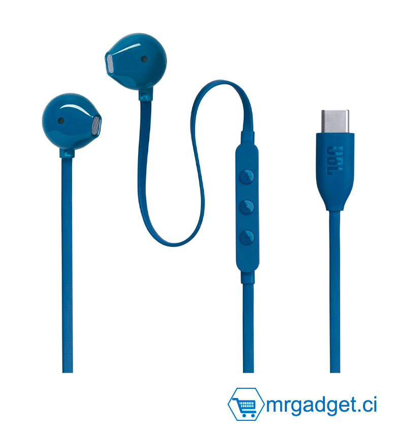 JBL Tune 305C - Écouteurs filaires USB-C haute résolution avec micro, câble plat anti-nœuds, télécommande 3 boutons, Bleu