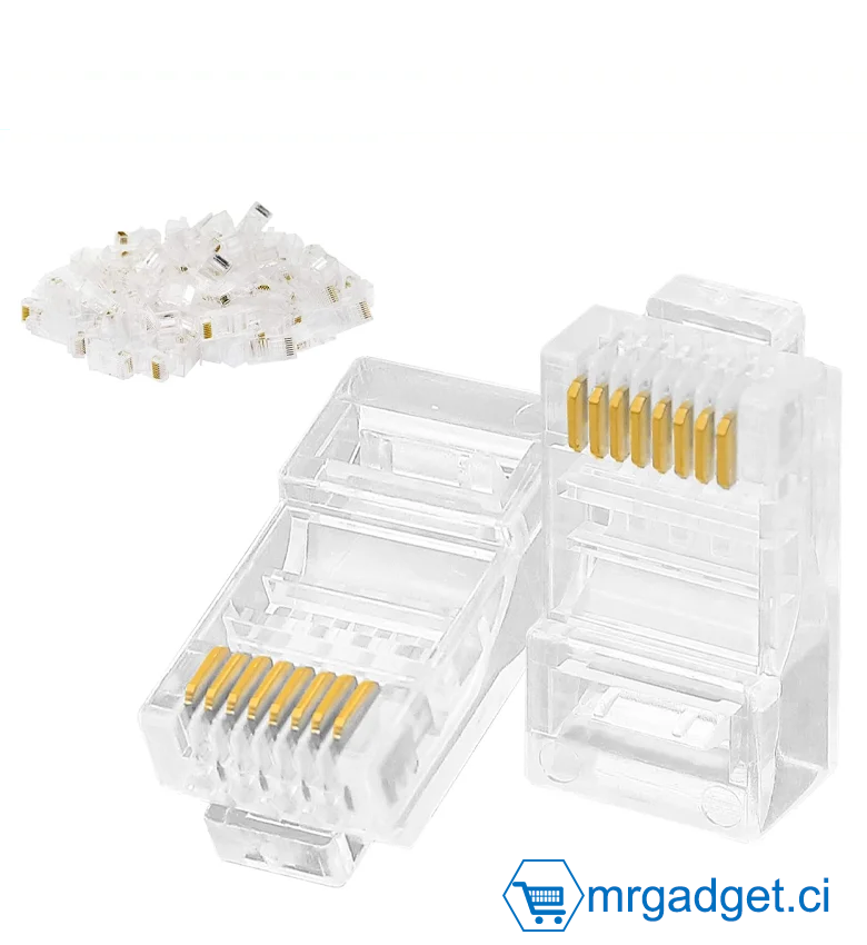 Lot de 50  fiches modulaires RJ45 CAT6 à sertir 8P8C   pour câble torsadé CAT5, CAT5E, CAT6 UTP