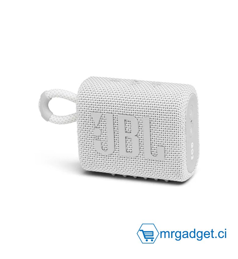 JBL GO 3 – Enceinte Bluetooth portable et légère, aux basses intenses et au style audacieux – Étanche à l’eau et à la poussière – Autonomie 5 hrs –Blanc (White)