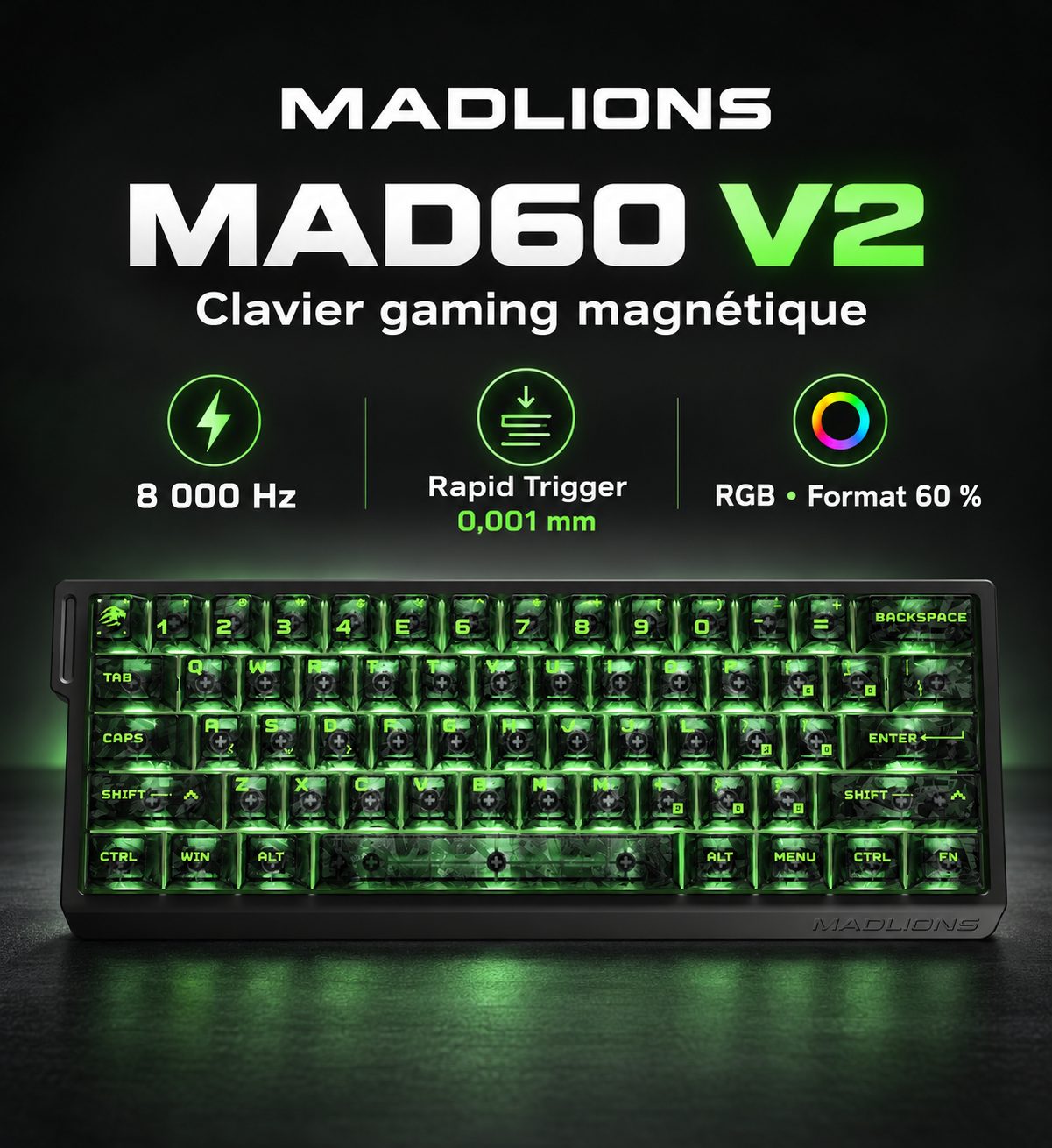 Clavier gaming filaire FGG MADLIONS MAD60 V2 – Switchs magnétiques, RGB, 8 000 Hz, Rapid Trigger, QWERTY 60 % - Noir