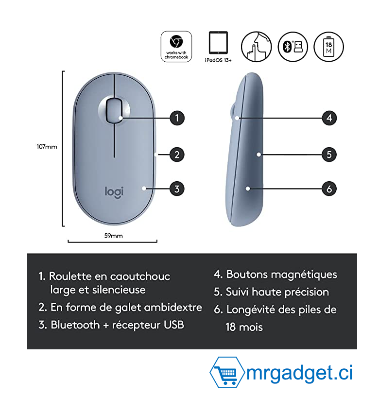 Logitech M350, souris sans fil avec Bluetooth ou récepteur 2,4 GHz, souris silencieuse et ultra-fine pour ordinateur portable, notebook, iPad, PC, Mac et Chromebook Mouse - Bleu
