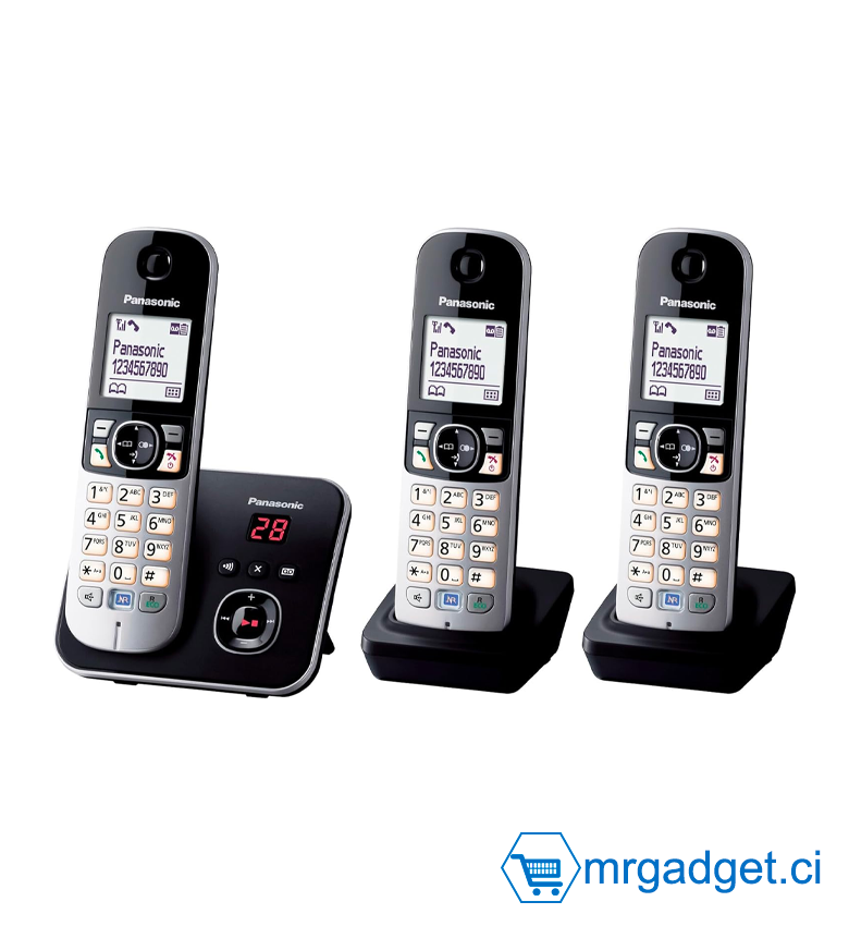 Panasonic KX-TG6823FRB Téléphone DECT Sans Fil - Répondeur, Base + 3 Combinés, Mains Libres, Identification Appelant, Écran LCD, Noir