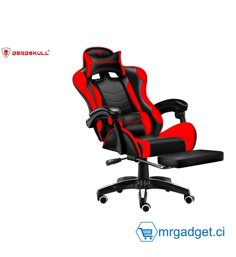 Deadskull Chaise E-Sport - Fauteuil Pivotant 360°, Hauteur Réglable, Dossier Inclinable 180°, Repose-tête, Noir/Rouge
