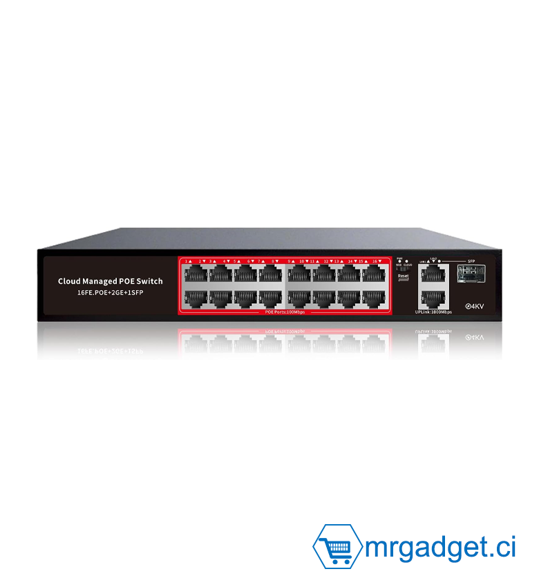 Switch - Commutateur PoE+ 16 Ports PS316G - Cloud Managed (Gérable via App) - 16x 10/100Mbps PoE + 2 Uplink Gigabit + 1 Port SFP Fibre - Puissance 240W - Standard IEEE 802.3af/at - Idéal Vidéosurveillance IP & Réseaux Entreprise - Rackable