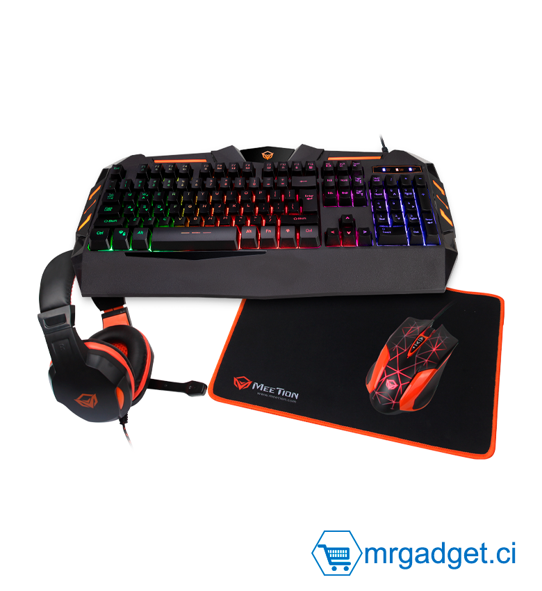Meetion C500 - Pack Gaming 4 en 1 Clavier RGB, Souris, Tapis et Casque, Noir