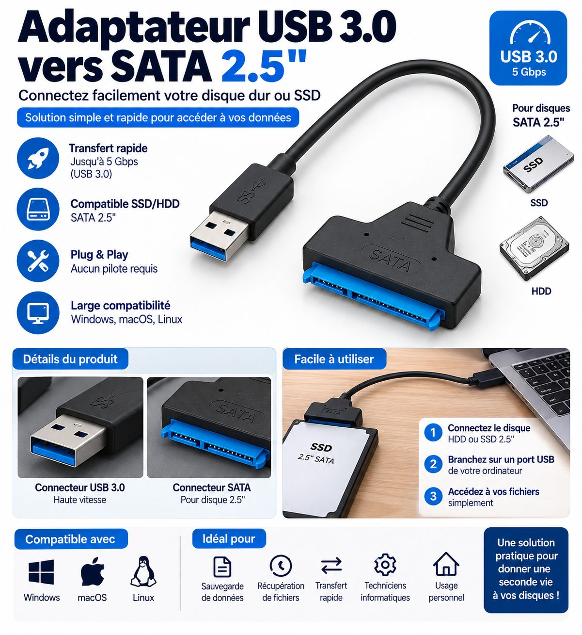 Adaptateur USB 3.0 vers SATA 2.5" pour Disque Dur HDD SSD – Câble Convertisseur SATA USB Haute Vitesse