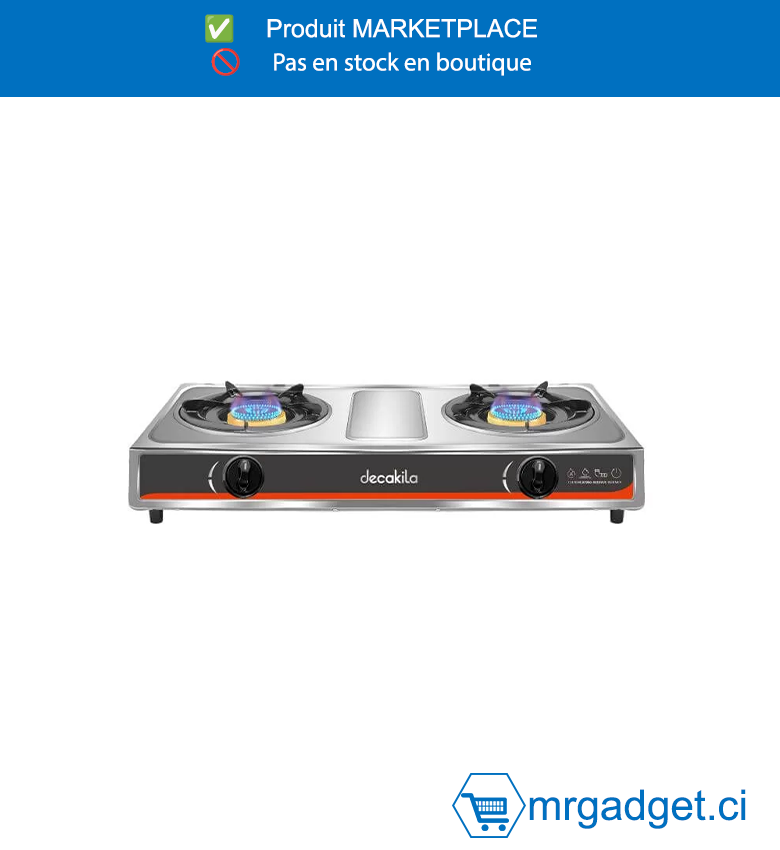DECAKILA GAZINIERE A TABLE - KMGS013M -  Brûleurs doubles Puissance calorifique : 3,2 kW + 3,2 kW Brûleur de ruche à chauffage uniforme Tuyau de gaz avec connecteur en forme de L Allumage automatique Panneau en acier inoxydable Avec 2 supports