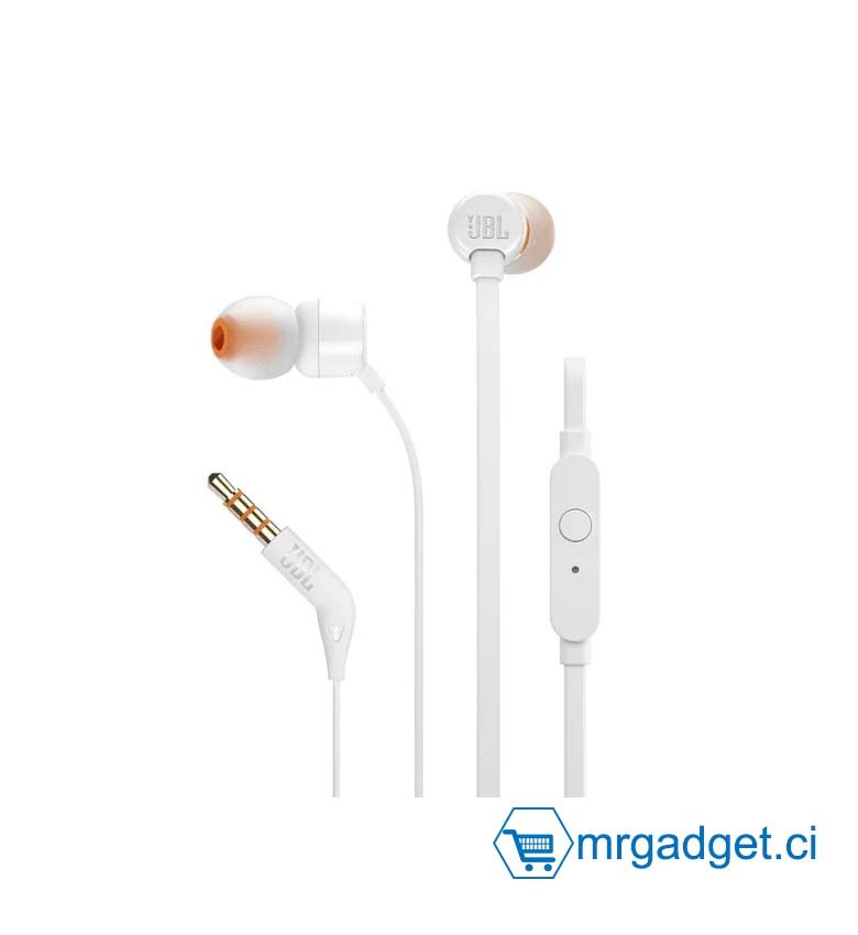 JBL Tune110 – Ecouteurs intra-auriculaires filaires – Son Pure Bass de JBL et bouton de contrôle – Connectivité : câble Jack 3,5 mm – Couleur : Blanc
