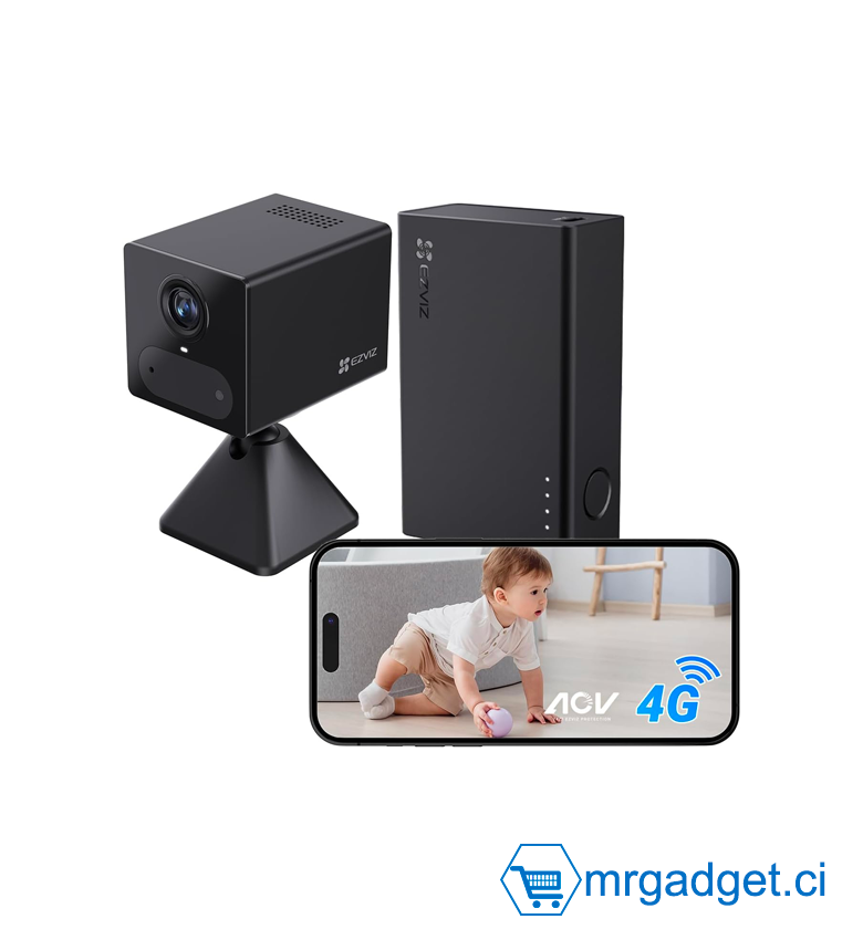 EZVIZ 2K 4G Caméra intérieure sans Fil +Batterie Externe, Mode AOV, Détection de Personne, Carte SD jusqu'à 512 Go (Non Incluse), Vidéo Time-Lapse, Audio Bidirectionnel, Design compacte, CB2 Kit Noir