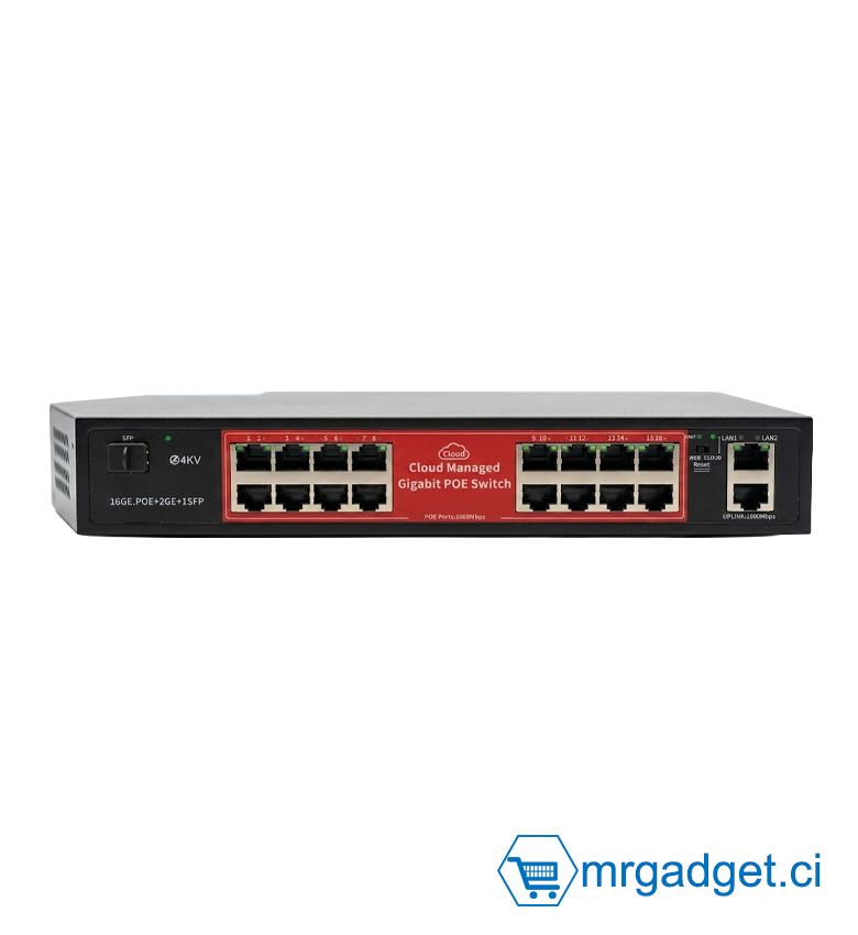 Switch - Commutateur PoE+ 16 Ports Full Gigabit GPS316 - Cloud Managed - 16x 1000Mbps PoE + 2 Uplink Gigabit + 1 Port SFP Fibre - Puissance 240W - Idéal Vidéosurveillance 4K & Wi-Fi 6 Haute Performance - Rackable 19" - Boîtier Métal Professionnel