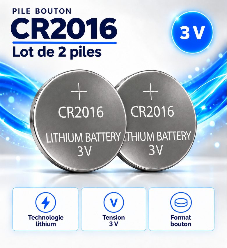 Pile bouton CR2016 lithium 3V – Lot de 2 piles pour montres, télécommandes et appareils électroniques