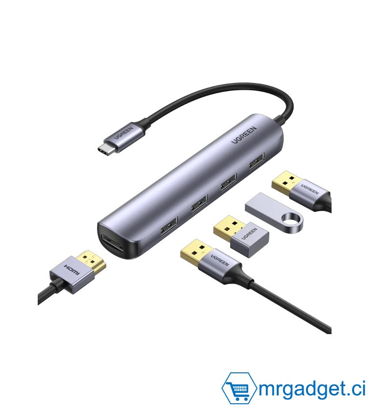 UGREEN  – Hub USB-C 4 Ports USB 3.0 avec HDMI 4K, Adaptateur Multiport pour PC Portable et MacBook