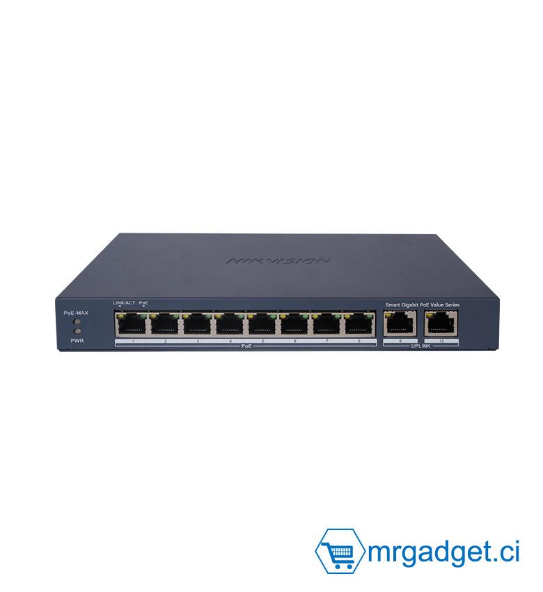 Hikvision DS-3E1510P-EI/M - Switch Smart Managed PoE Gigabit 10 Ports (8x PoE 60W + 2x Uplink) - PoE Longue Portée 300m - Intégration Hik-Partner Pro - Protection Surtension 6kV - Idéal Vidéosurveillance IP & Réseau Pro