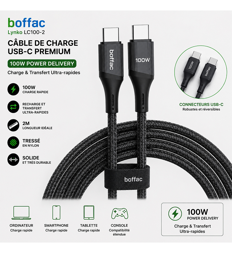 BOFFAC Lynko LC100-2 - Câble USB-C vers USB-C 100W Power Delivery 2m - Charge Rapide & Transfert de Données - Nylon Tressé