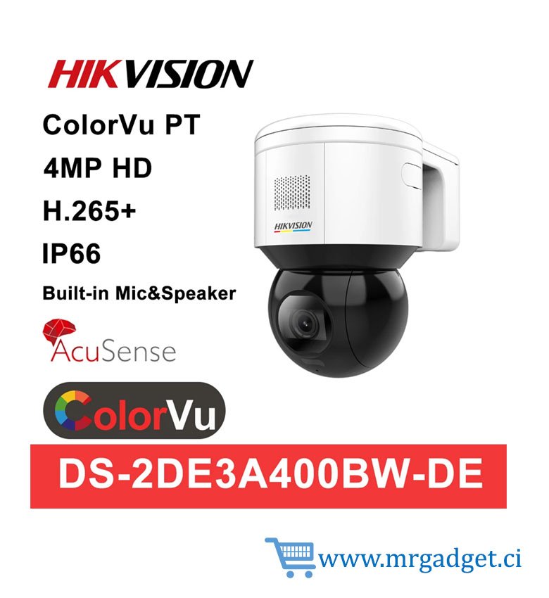 HIKVISION DS-2DE3A400BW-DE - Dôme PTZ rapide réseau ColorVu 3 pouces 4 MP - Pivot - Couleur 24H/24