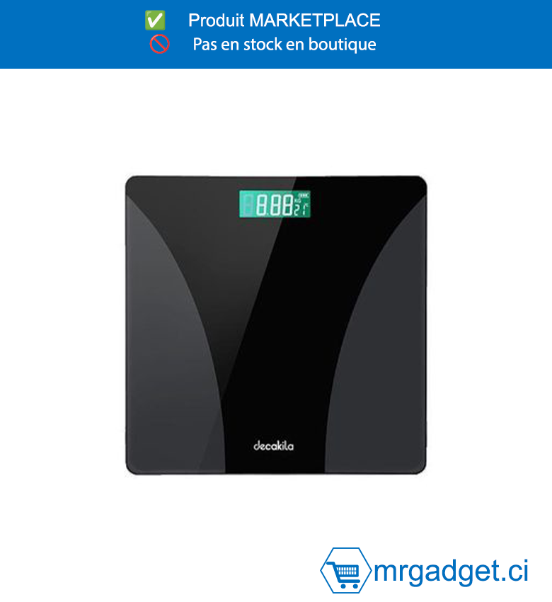 DECAKILA-KMTT038W-PESE PERSONNE  260*260mm 2.5-180KG, mesure  du poids Avec fonction d'affichage de la  température Avec fonction d'affichage de la  puissance en verre trempé