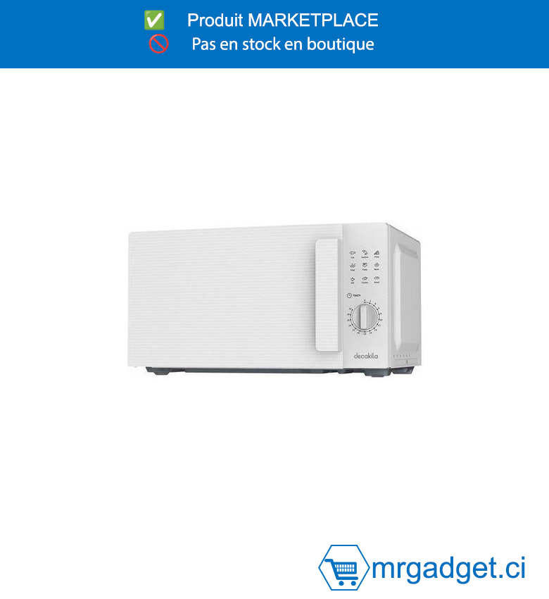 DECAKILA MICRO-ONDES  - KEMC001W - Tension : 220-240 V 50 Hz Capacité : 20 L (0,7  cu.ft) Sortie micro-ondes : 600 W  Plateau tournant en verre 245 mm Cadran  unique Emballé par boîte de couleur