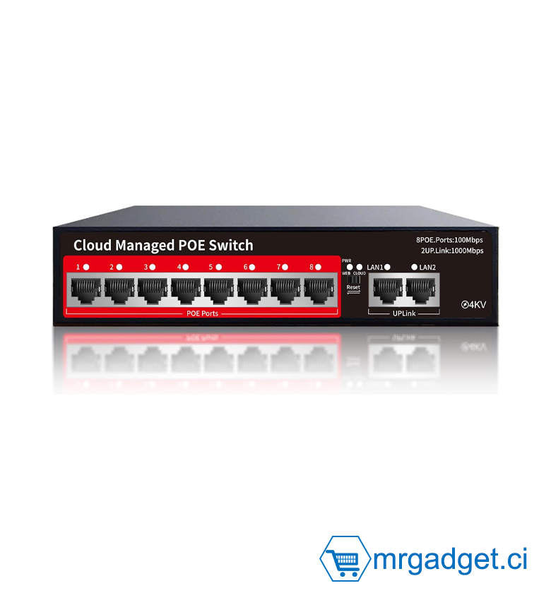 Switch - Commutateur PoE+ 8 Ports POE208D - 8x 10/100Mbps + 2 Uplink - Puissance 120W - Administrable (Managed) avec Support VLAN & QoS - Boîtier Métal Silencieux - Plug & Play - Idéal Vidéosurveillance IP & Réseaux Bureautique - Montage Mural/Bureau