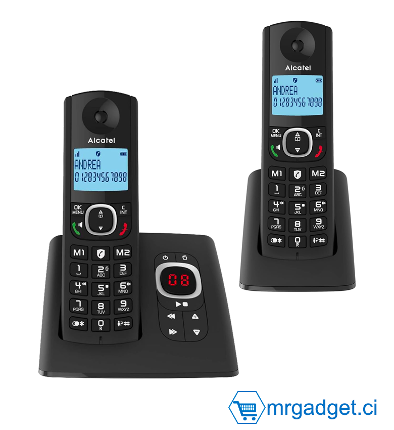 Alcatel F530 Voice Duo - Téléphone Sans Fil DECT avec Répondeur, 2 Combinés, Blocage d'Appels et Mains Libres, Noir