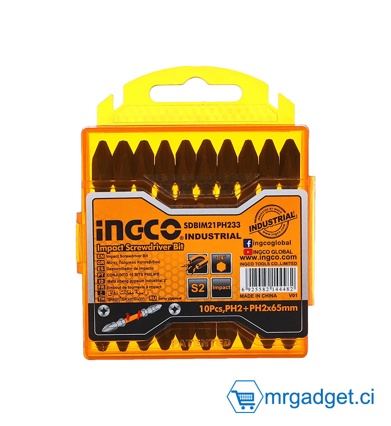 INGCO SDBIM21PH233 - Coffret de 10 Embouts de Vissage PH2 Double Empreinte - Longueur 65mm - Acier Haute Résistance Magnétique - Idéal pour Visseuse et Clé à Choc - Accessoire Professionnel