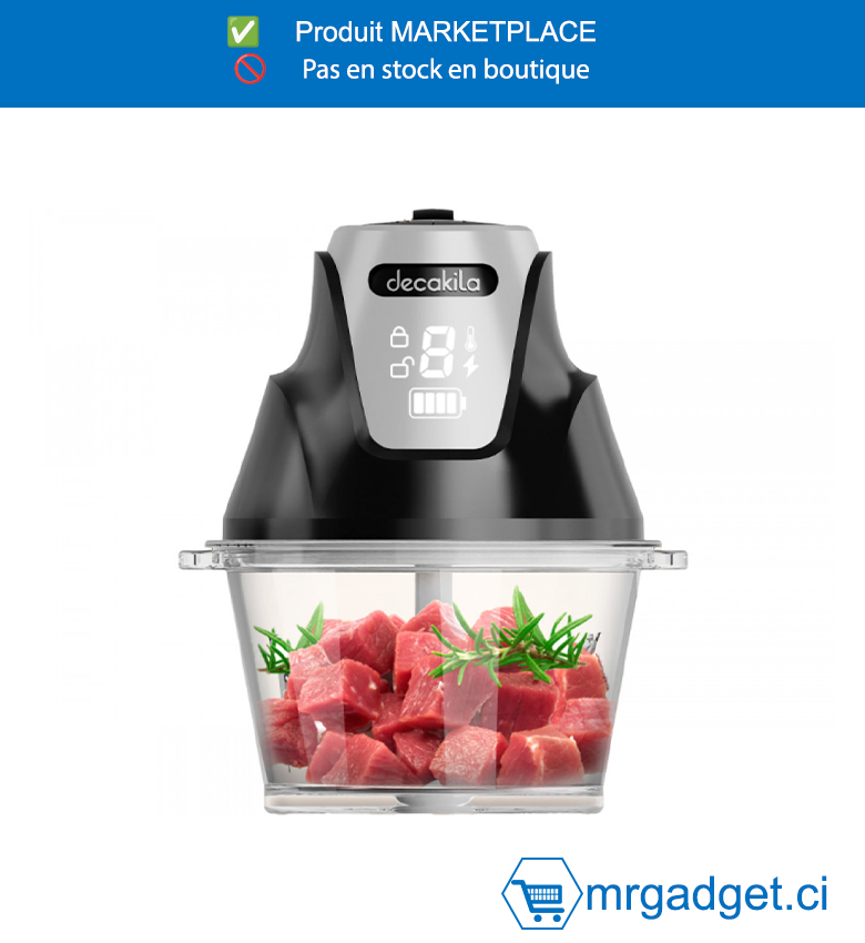DECAKILA- KMMG028B-HACHOIR SANS FIL 16V /2L , Avec bol en verre  Lames en acier inoxydable, Avec affichage LED