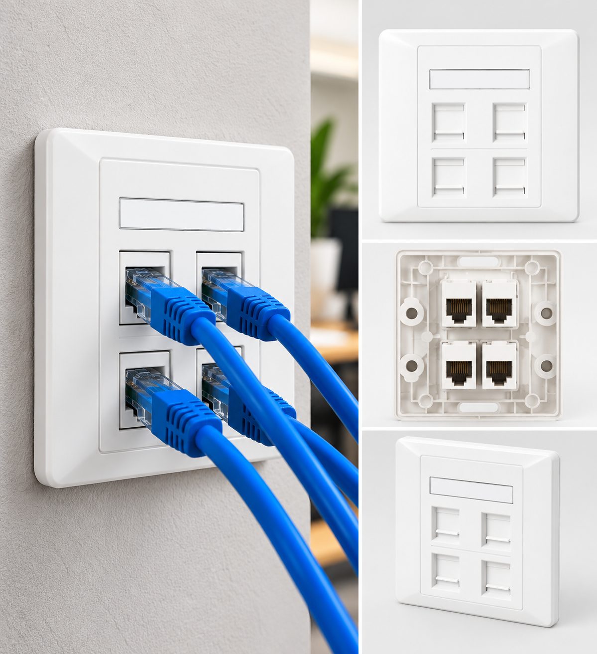 Plaque Murale RJ45 4 Ports Blanche – Support pour Prises Réseau Ethernet – Modules Non Inclus