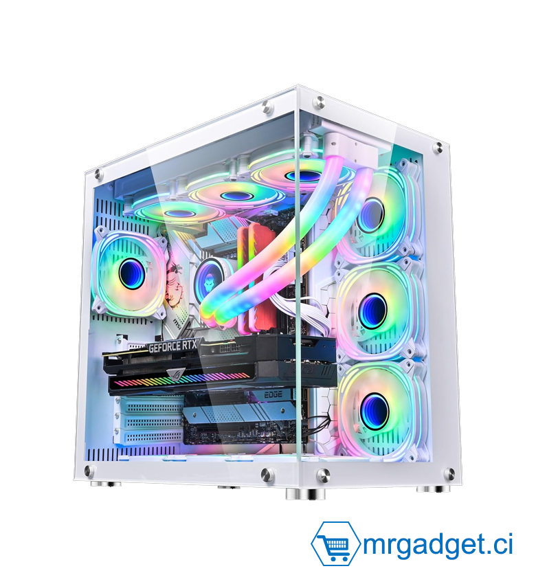 Boitier Gaming  WJCOOLMAN White35 Blanc - Vue Panoramique Verre Trempé 270° sans Montant - Moyen Tour ATX / M-ATX - Support Watercooling 360mm - Design Aquarium Premium pour Configuration Full White - Châssis Robuste & Élégant - Blanc