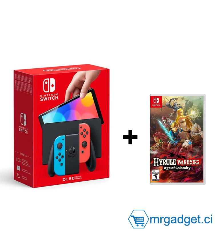 Console Nintendo Switch (Modèle OLED) avec Manettes Joy-Con Bleu Néon/Rouge Néon  avec Hyrule Warriors