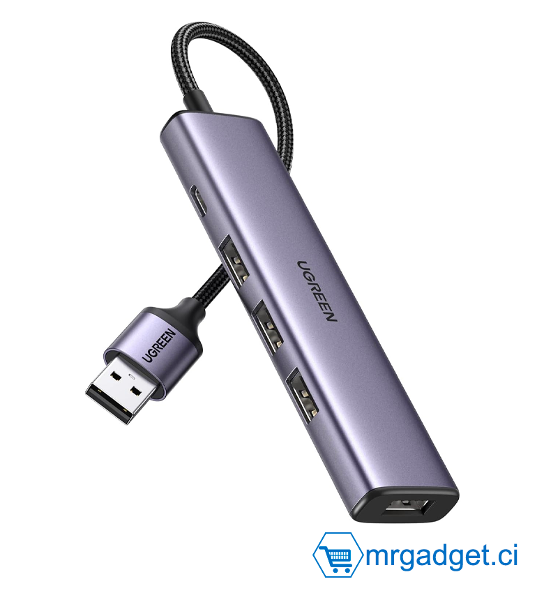 UGREEN CM473 20805 UGREEN Hub USB 3.0 4 ports adaptateur multiport USB ultra fin en aluminium, répartiteur USB C alimenté compatible avec MacBook, iMac, Surface, ordinateur portable, PC, souris, clavier, clé USB, et plus encore #10108
