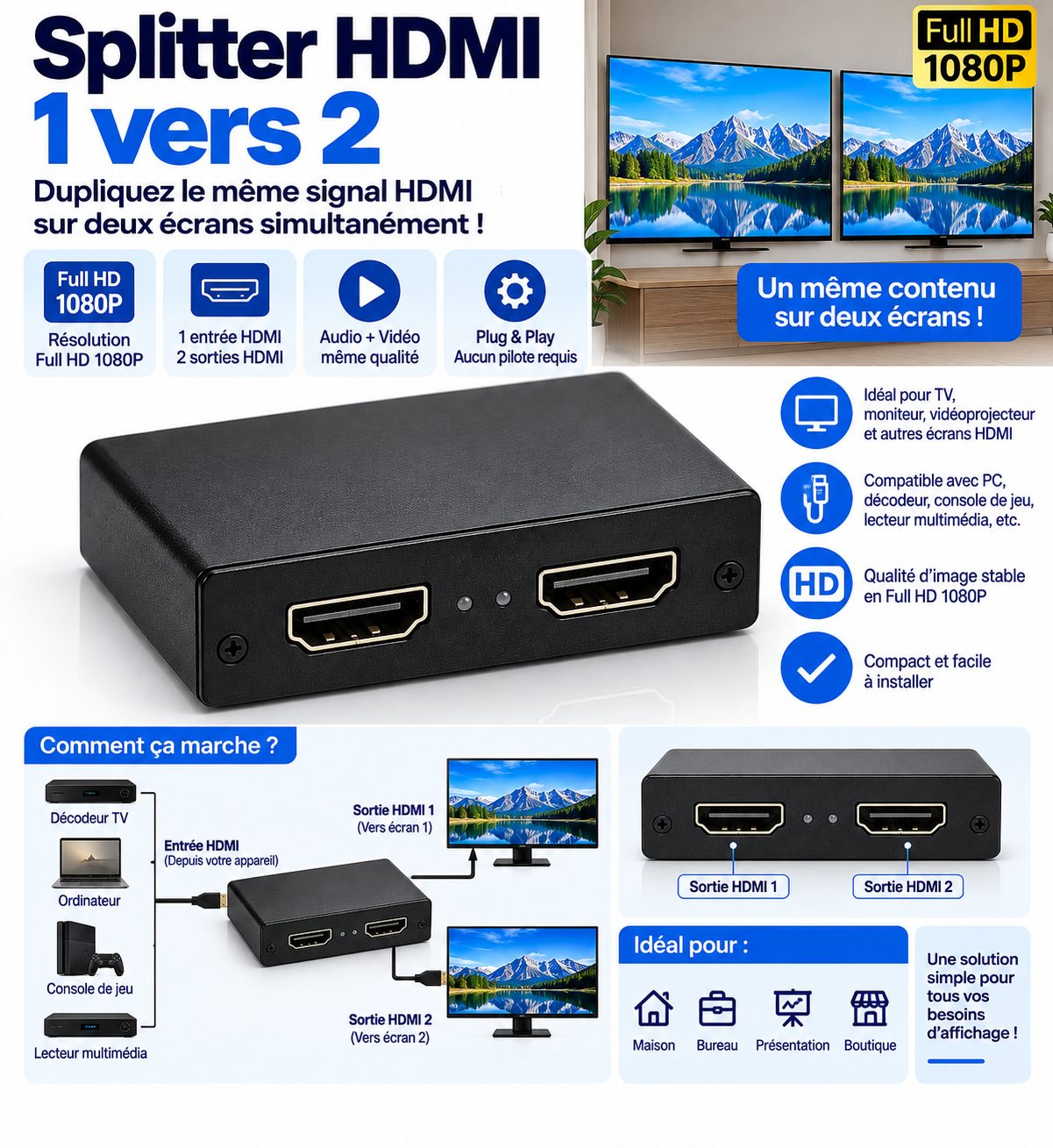 Splitter HDMI 1 Entrée vers 2 Sorties Full HD 1080P – Répartiteur HDMI pour TV, Écran, Moniteur, PC, Décodeur et Console
