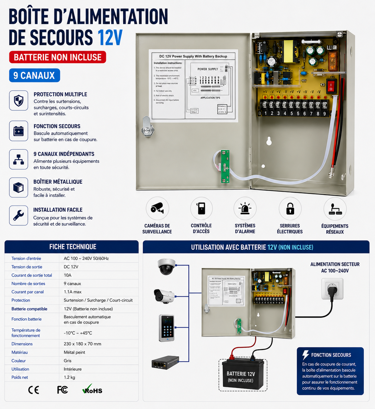 Boîtier d'Alimentation de Secours 12V 9 Canaux – Batterie Non Incluse - Pour camera de surveillance, contrôle d'accès...