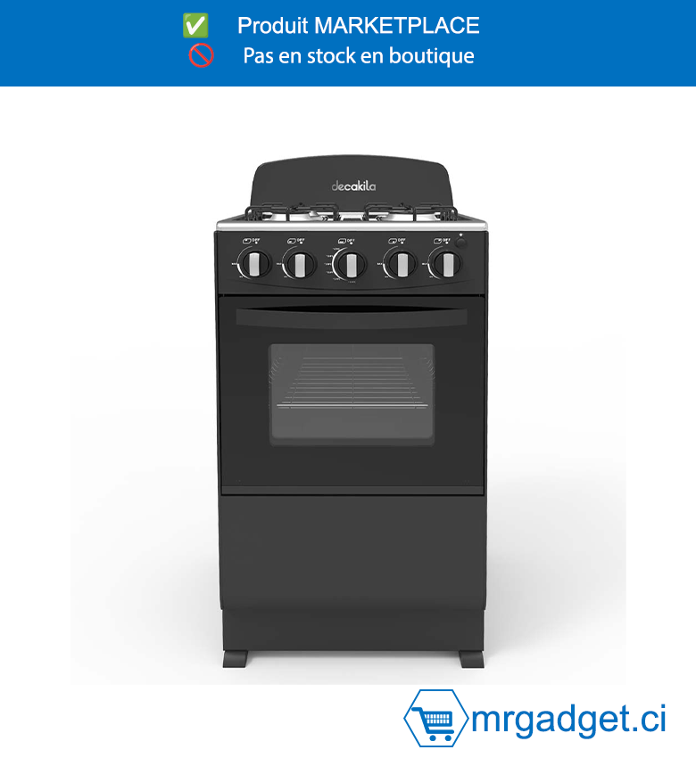 DECAKILA GAZINIERE - KUGS003B - Dispositif d'allumage  manuel Lampe de four Brûleur à gaz inférieur dans le four ,Porte du four en verre  trempé entièrement noir et poignée peinte en  noir Quatre brûleurs émaillés noirs ensembles