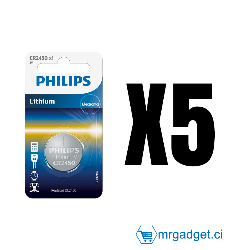 Lot de 5 Piles  PHILIPS LITHIUM CR2450 (DL2450) 3V -  CR2450P5B/97 - Pile Bouton