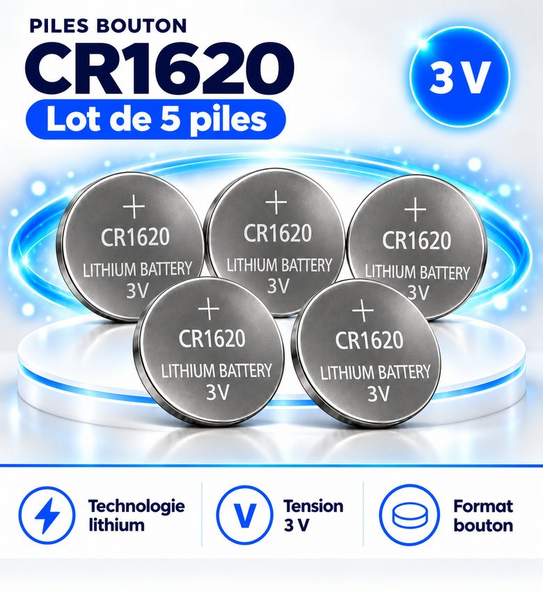 Pile CR1620 - 5 – Lot de 5 piles bouton lithium 3V pour télécommandes et montres