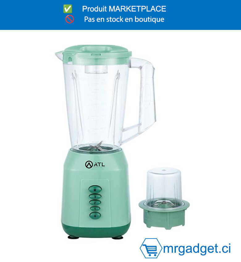 ATL-ATL-BL2026G-1,5L -MIXEUR  350W - Récipient En Plastique Resistant - Avec Broyeur - 3 Vitesses + Pulse - Lames En Inox  - Vert