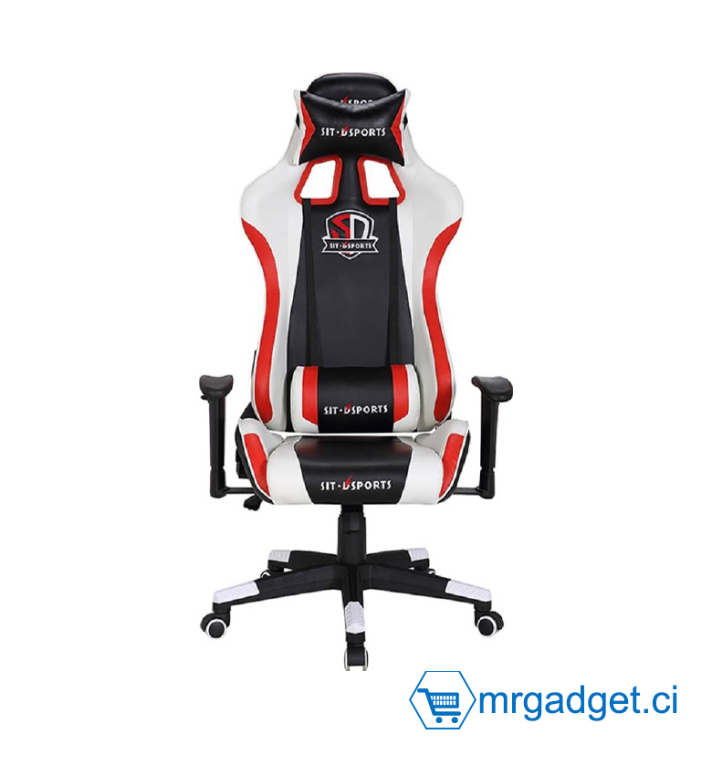 Deadskull Chaise E-Sport - Fauteuil Pivotant 360°, Hauteur Réglable, Dossier Inclinable 180°, Repose-tête, Blanc/Noir/Rouge