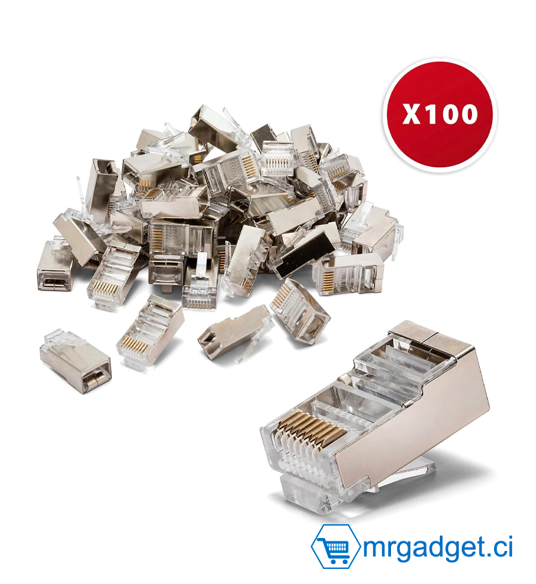 Lot de 100 Connecteur RJ45 CAT6A FTP (Blindé) - Blindé RJ45 Fiches Crimps pour Cat5e/Cat6 Ethernet câble [100 Paquet de] [Shielded (FTP) 100 Pack]