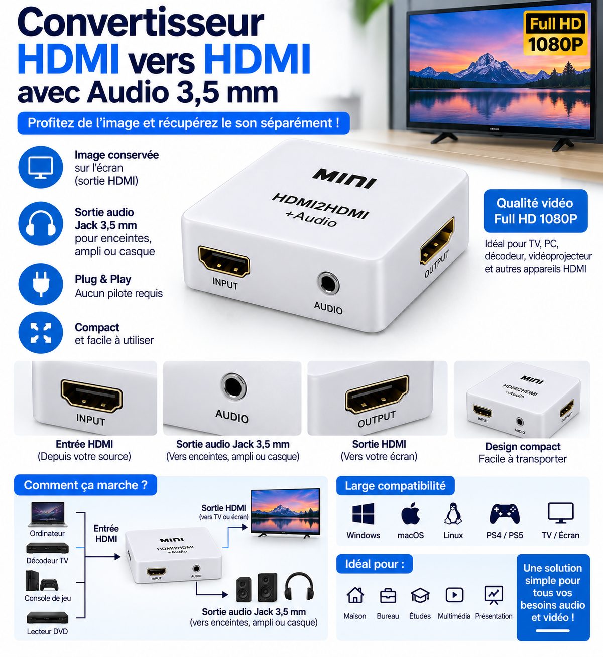 Convertisseur HDMI vers HDMI Full HD avec Extracteur Audio Jack 3,5 mm – Adaptateur Audio Vidéo pour TV, PC, Décodeur et Vidéoprojecteur
