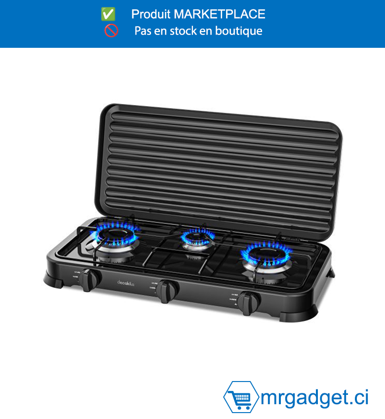 DECAKILA CUISINNIERE A GAZ  - KMGS009B -  Allumage manuel Tuyau de gaz avec  connecteur en forme de L  Panneau pulvérisé en tôle de fer Couvercle  pulvérisé en tôle de fer Avec 3 sièges en  aluminium moulé sous pression