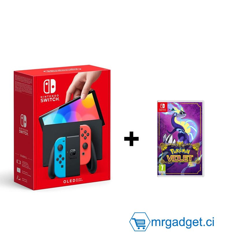 Console Nintendo Switch (Modèle OLED) avec Manettes Joy-Con Bleu Néon/Rouge Néon  avec POKEMON VIOLET
