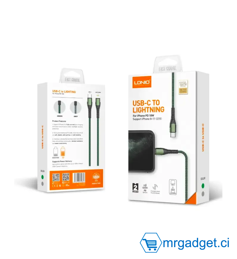 LDNIO LC111 Câble USB-C vers Lightning 30 W  pour iPhone - Câble de charge rapide - PD
