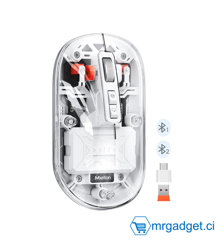 Souris sans fil MEETION BTM005 Blanc , souris Bluetooth rechargeable, double mode (2,4 G + BT5.1), souris fine transparente avec clic silencieux, 4 DPI réglables, souris portable pour PC, ordinateur portable, ordinateur, Mac Book/iPad pro,