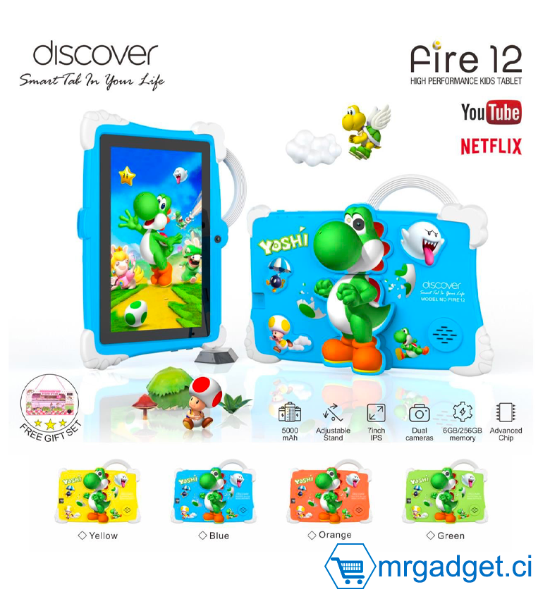 Tablette Enfant Discover FIRE 12 - Écran 7 Pouces, 256 Go/6 Go, Sans Carte SIM, Coloris Mixte