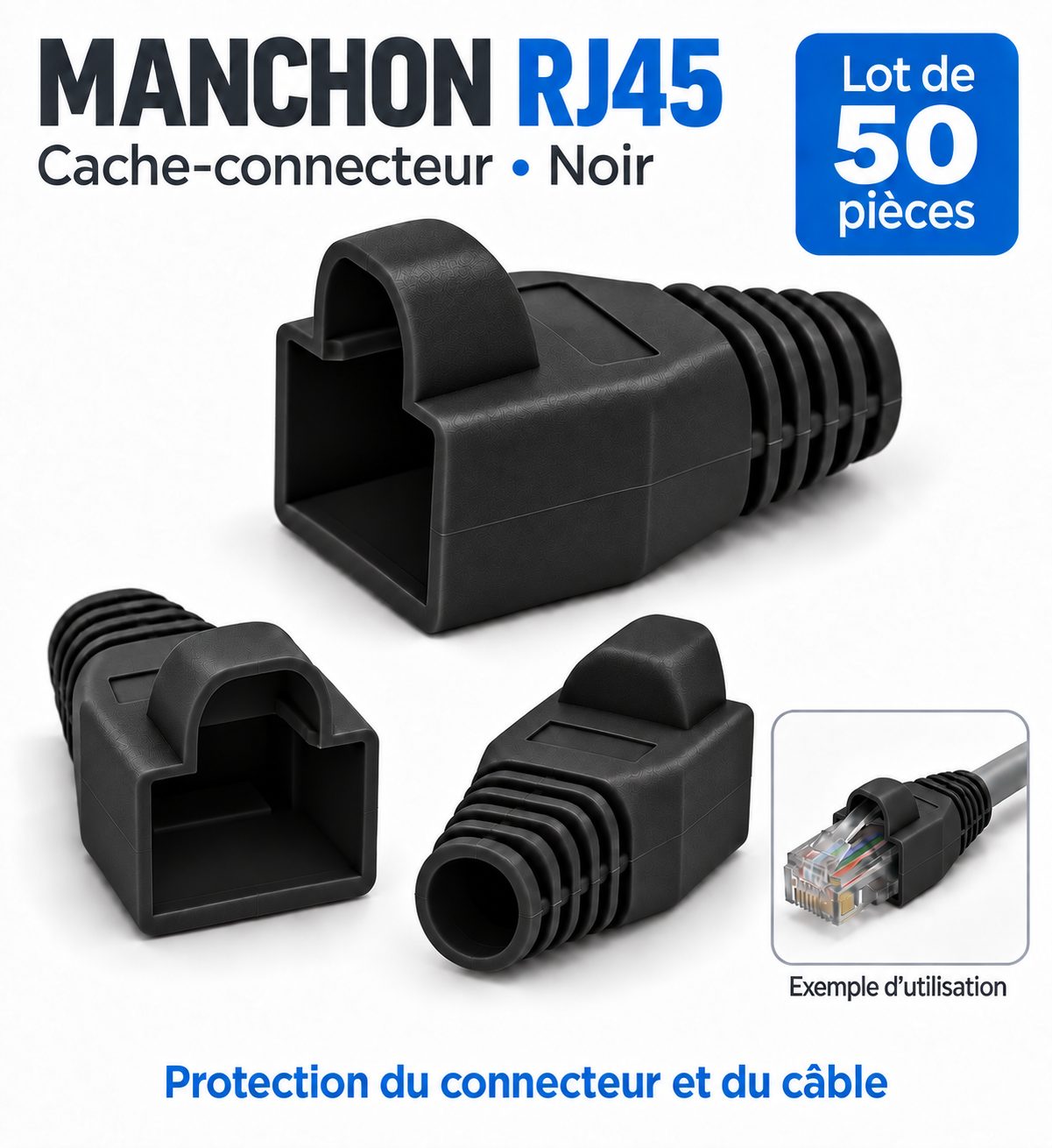 Manchon connecteur rj45 - Cache Connecteur RJ45 - NOIR - 50 pièces