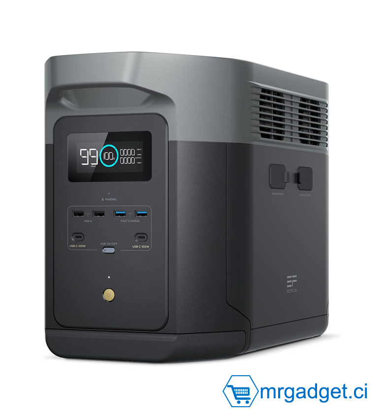 Station électrique portable EcoFlow DELTA 2 Max, capacité 2048Wh, batterie LFP 3 000 cycles, recharge rapide, puissance de sortie 3100 W, générateur solaire silencieux, pour la maison/camping/voyages